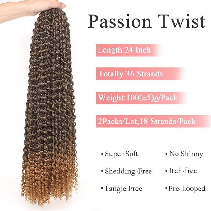 Leeven 24 Inch Long Passion Twist Hair Ombre Blonde Water Wave Braiding Hair for Butterfly Locs 2 Packs Hot Water Setting Synthetic Passion Twists Crochet Braids Hair for Women (18 Strands/Pack,T27#)