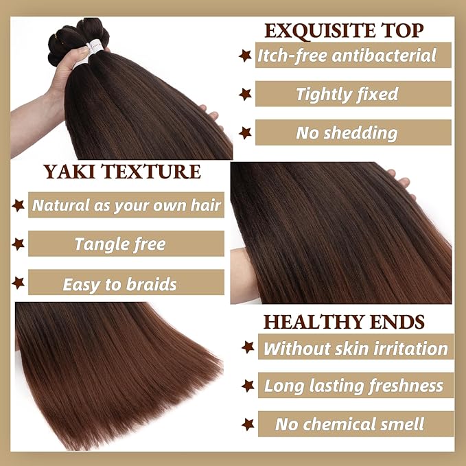 Ombre Braiding Hair,24 Inch Ombre Natural Black To Brown 6 Packs Hair Extensions Professional Synthetic Braid Hair Crochet Braids, Soft Yaki Texture, Hot Water Setting (24Inch,T1B/30#).