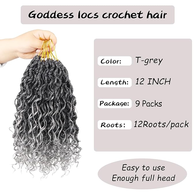 Goddess Locs Crochet Hair 12 Inch 9 Packs Synthetic Faux Locs Crochet Hair for Black Women, River Locs Hair Extensions Style Pre looped Crochet with Curly Ends