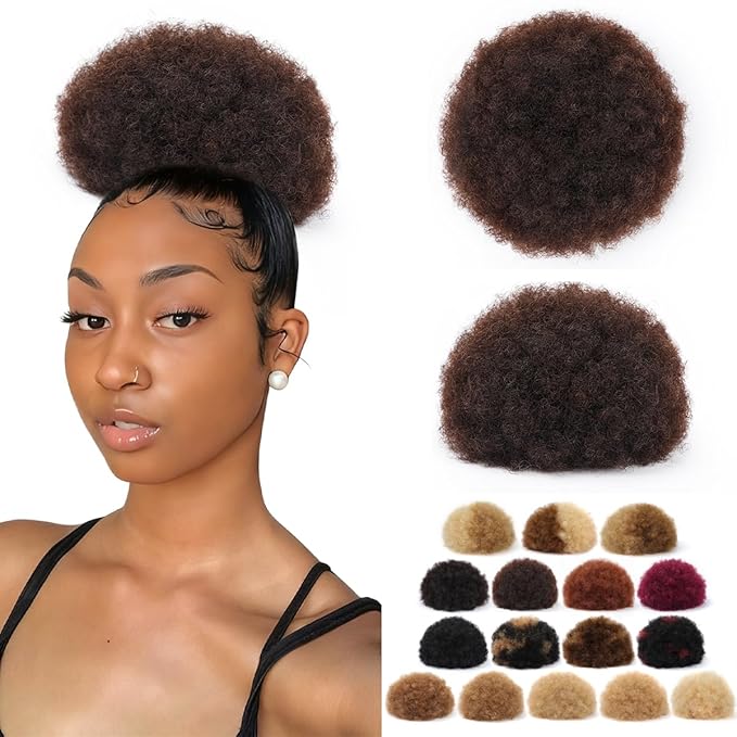Afro Puff Drawstring Ponytail #02 Dark Brown 8 Inch 100% Human Hair Kinky Curly Durable Natural Soft and Smooth Clip On Drawstring Ponytail