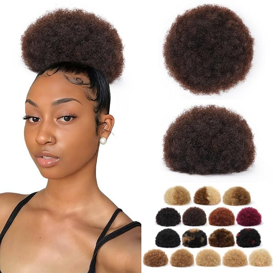 Afro Puff Drawstring Ponytail #02 Dark Brown 8 Inch 100% Human Hair Kinky Curly Durable Natural Soft and Smooth Clip On Drawstring Ponytail