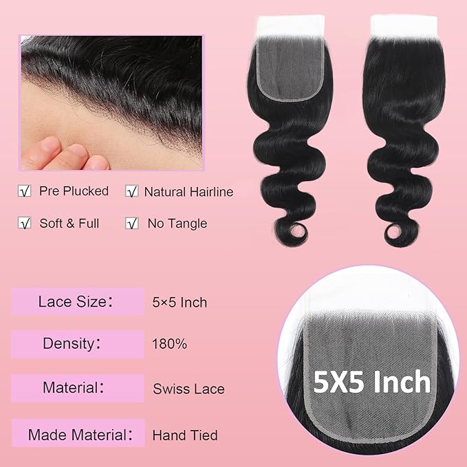 Human Hair Bundles with Closure Body Wave 22 24 26+20 Inch Brazilian Virgin Hair Extensions Pre Plucked with Baby Hair 5x5 Lace closure with bundles 100% Human Hair