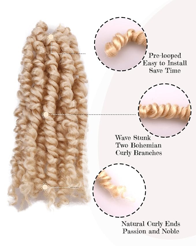 Super Short Passion Twist Crochet Hair for Black Women and Kids-6 Inch 7 Packs Blonde Pre Looped Pre-twisted Passion Twist Hair,Bob Spring Kinky Twist Bohemian Curl(6"-7P,613#)