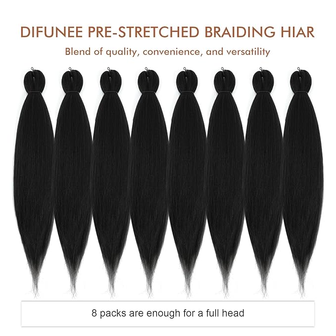 Pre-stretched Braiding Hair - 22 Inch 8 Packs Jet Black Braiding Hair For Twist or Box Braids, Yaki Texture Hot Water Setting Synthetic Braiding Hair Extensions (22 Inch, #1-8P)