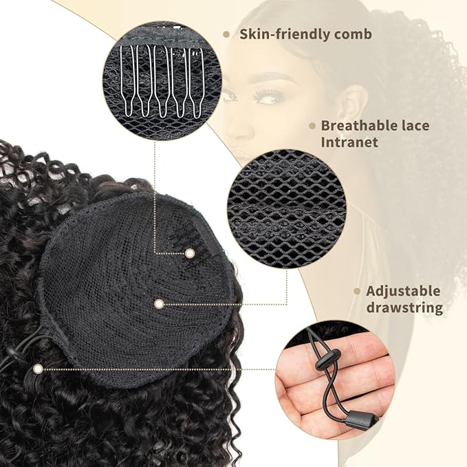 isheeny Curly Drawstring Ponytail for Black Women, 100% Human Hair Extension 14Inch Add Length & Volume in 3 Mins