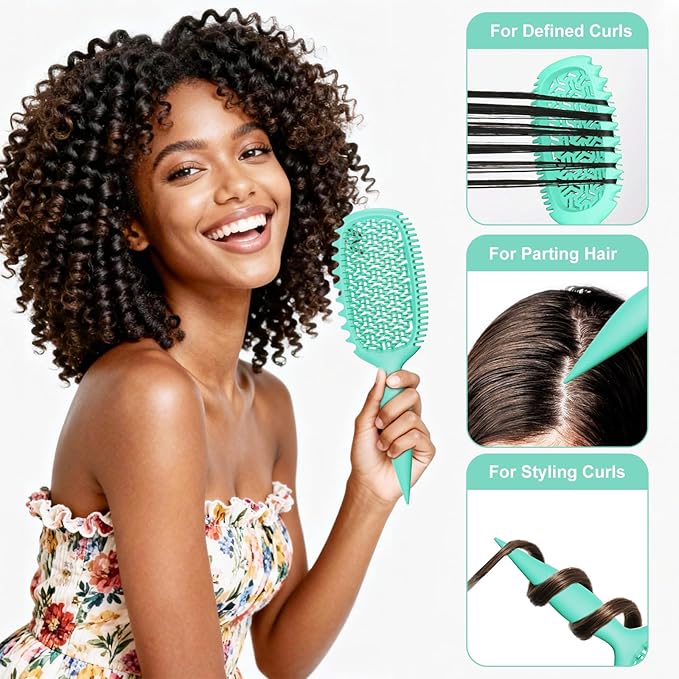 Curl Defining Brush for Thick Coily Hair, Firm-Bristle TPEE Detangling Brush for Coarse 4A–4C Curls, Dual-Sided Wide & Narrow Tooth Brush for Wet & Dry Curl Shaping– Women & Men (Aqua Mint)