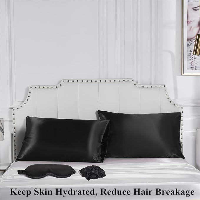 Satin Pillowcase Set - 2 Black Queen Size Pillowcases, 1 Eye Mask, 1 Scrunchie - Premium Silky Satin for Hair and Skin Protection, Hydrating and Reducing Friction