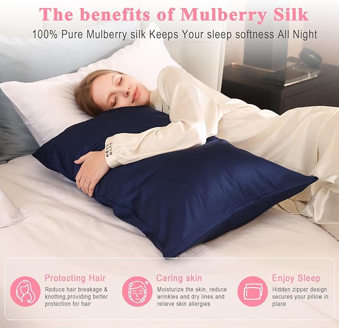 100% Pure Silk Pillowcase 2 Pack for Hair and Skin, Both Sides 23 Momme Grade 6A+ Mulberry Silk Pillowcases with Hidden Zipper, Soft&Smooth Cooling Pillow Cases (Navy Blue, King 20x36)