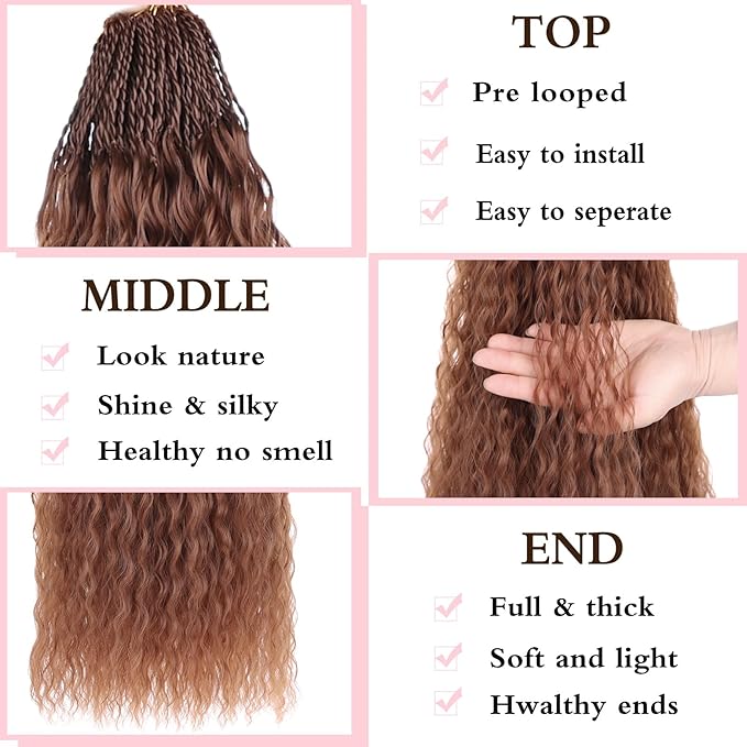 Xtrend Honey Brown Pre Looped Micro Brazilian Kinky Curly Crochet Hair 24 Inch 8 Packs Micro Curly Braiding Hair Extensions Synthetic Deep Wave For Mini Senegalese Twist Hair (30 Strands/Pack, 30#)