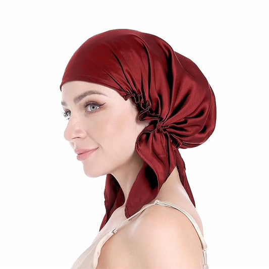 100% Silk Bonnet for Sleeping, Hair Bonnet with Tie Band, Large Silk Sleep Cap for Curly Hair, Silk Hair Wrap for Hair Care