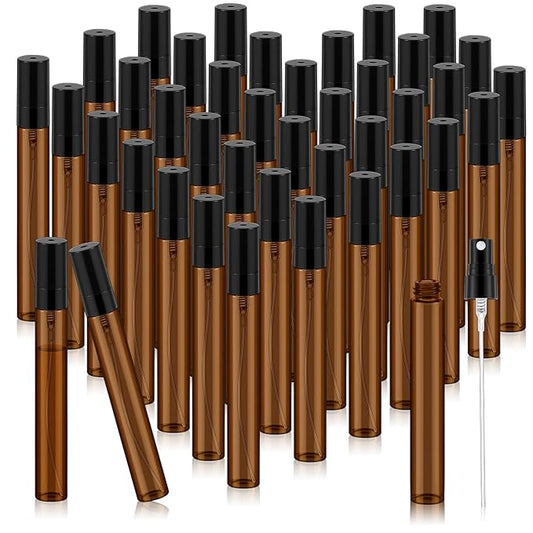 Zhehao 25 Pcs Mini Spray Bottles 10 ml Clear Glass Perfume Bottles Refillable Fine Mist Perfume Atomizer Portable Empty Sample Containers for Cleaning, Essential Oils, Travel (Amber)