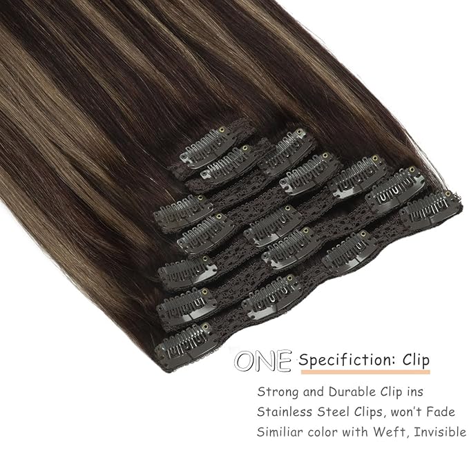 Caliee Clip in Hair Extensions Human Hair 7 Pcs Double Weft Lace Hair Balayage R2/2/6 Dark Brown Mixed Chestnut Brown Clip in Human Hair Extensions 140 G 20 Inch Natural Straight Remy Hair