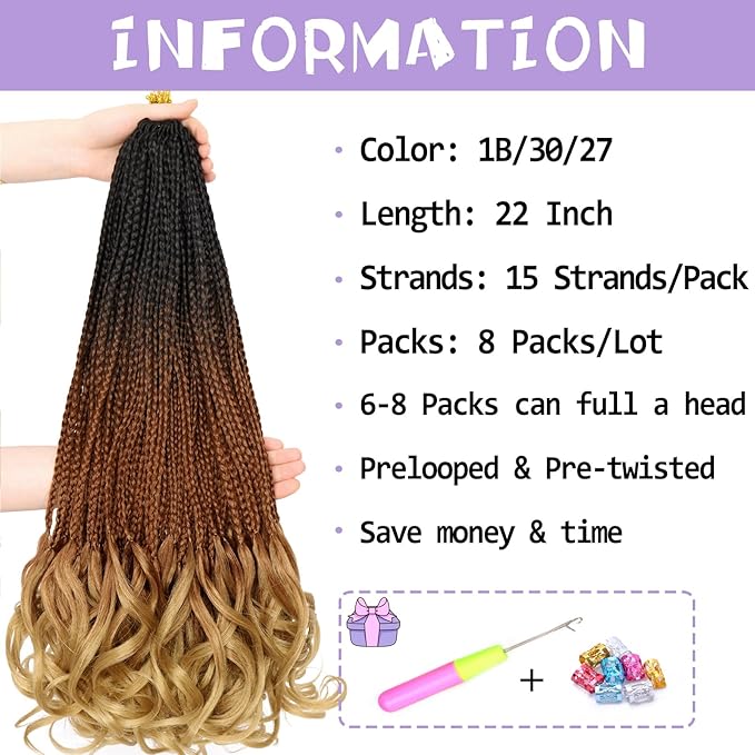 French Curl Crochet Braids 22 Inch 8 Packs Goddess Box Braids Crochet Hair for Women Pre Looped Crochet Box Braid with Curly Ends Synthetic French Curly Braiding Hair Extensions (1B/30/27)