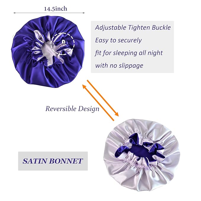 Silk Bonnet for Sleeping Satin Bonnets Double Layer Reversible Hair Cap Bonnet for Women Long Curly Braid Hair (Regal Purple)
