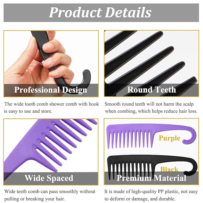 2PCS Large Wide Tooth Comb, Shower Combs with Hook for Wet Curly Hair, Premium Big Hair Brush Combs to Detangle Curls, Women Detangler Comb for Detangling Wigs, Styling Dry Thick Long Cabello