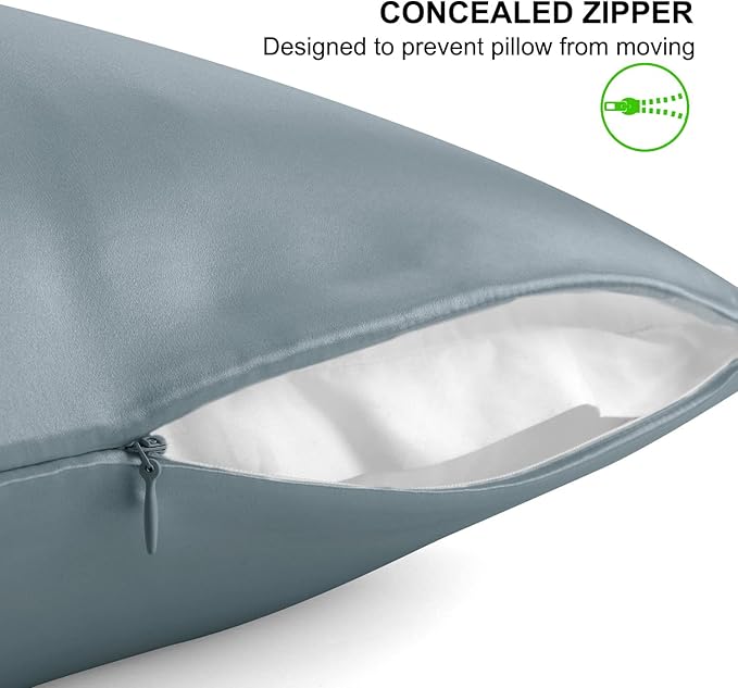 ALASKA BEAR Natural Silk Pillowcase, Hypoallergenic, 19 Momme, 600 Thread Count 100 Percent Mulberry Silk, Queen Size with Hidden Zipper(1, Haze Blue)