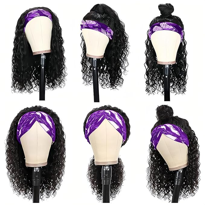 Curly Headband Wig Human Hair 20 Inch Glueless Deep Wave Headband Human Hair Wigs None Lace Front Wigs for Black Deep Wave Headband Wig Natural Color