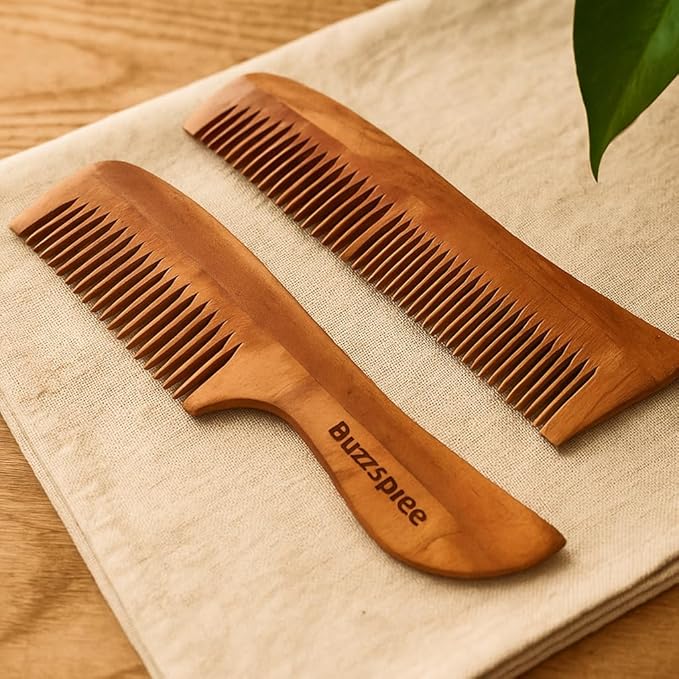 Natural Neem Wood Comb Set of 2 [Wave Lily & Wave Handle] – Wide & Fine Tooth Handmade Wooden Hair Combs for Men & Women | Eco-Friendly, Plastic-Free, Scalp Comb for Gentle Hair Care