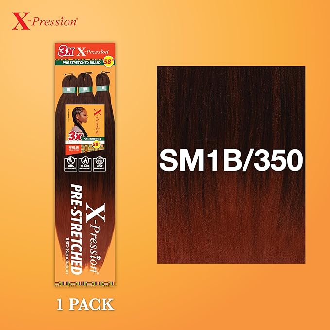 Sensationnel X-pression prestretched braiding hair - 3x braid 58 inch all kanekalon flame retardant synthetic braid for box braids and twists (1 pack, SM1B/350)