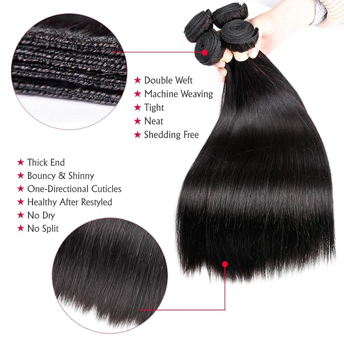 7A Brazilian Straight Hair 3 Bundles with Lace Closure (8 10 12+12 Free Part closure) Virgin Human Hair Weave 100% Unprocessed Human Natural Black Straight Remy Hair Extensions
