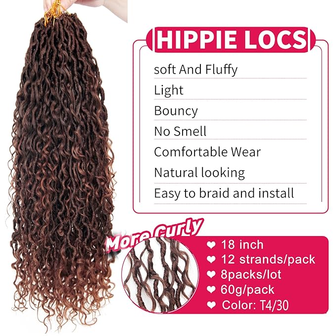 8Packs Goddess Locs Crochet Hair 18Inch Boho Faux Locs,Crochet Loc With Curly Ends River Hippie Bohemian Loc Crochet Hair for Black Women(T4/30, 18inch(Pack of 8))