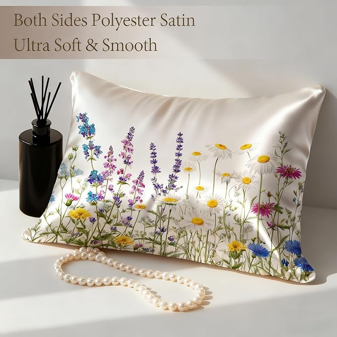 Silk Pillowcase for Hair and Skin Colorful Botanical Wildflowers Satin Pillowcase Standard Size with Zipper Silky Soft Cooling Satin Pillowcase Sleeping for Women 20"x26"