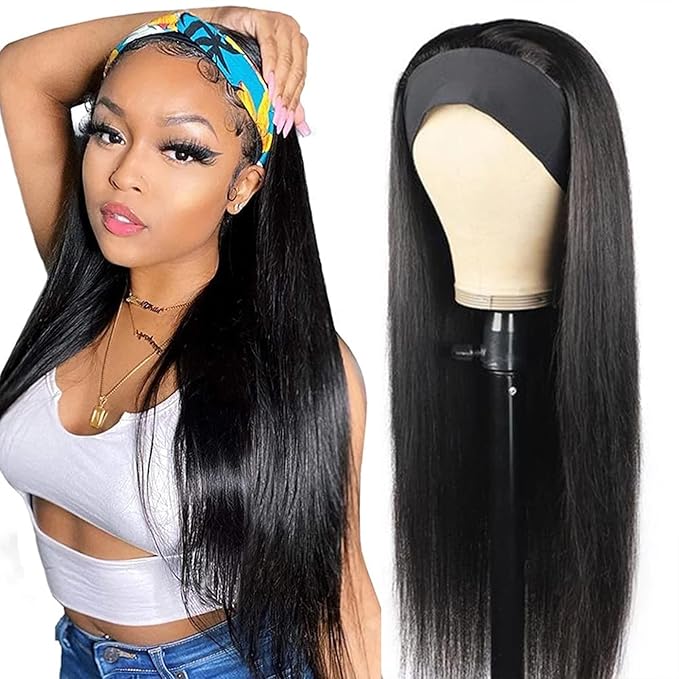 ISEE 10A Headband Wig Straight Human Hair Wigs for Black Women 180% Density Brazilian Virgin Hair Machine Made Headband Wig Non Lace Front Human Hair Wigs 26 inch