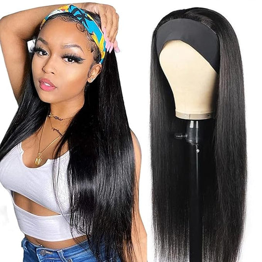 ISEE 10A Headband Wig Straight Human Hair Wigs for Black Women 180% Density Brazilian Virgin Hair Machine Made Headband Wig Non Lace Front Human Hair Wigs 24 inch