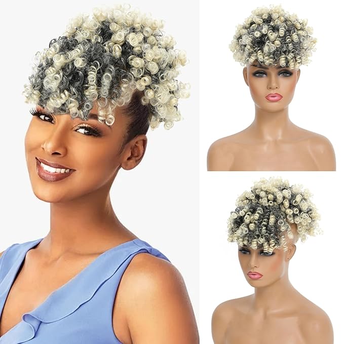 ENTRANCED STYLES Drawstring Ponytail with Bangs - Afro Puff Extensions for Women, Short Curly Clip in Wrap Updo Hairpiece (T1B/613#)