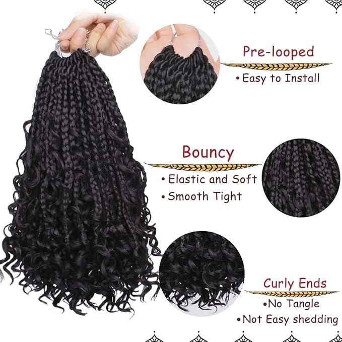 Beverlee 10 Inch 8 Packs Boho Box Braids Goddess Box Braids Crochet Hair Bohemian Hippie Braids Braiding Hair Box Braids with Curly Ends Messy Pre-looped Synthetic Kids Crochet Hair for Black Women