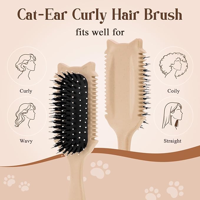 Curly Hair Brush, Curl Defining Brush for Effortless Curly Hair Care, Funny Cat Ear Type Curl Brush Suitable for Wet & Dry Hair,Women and Men,Reduces Frizz (Beige)