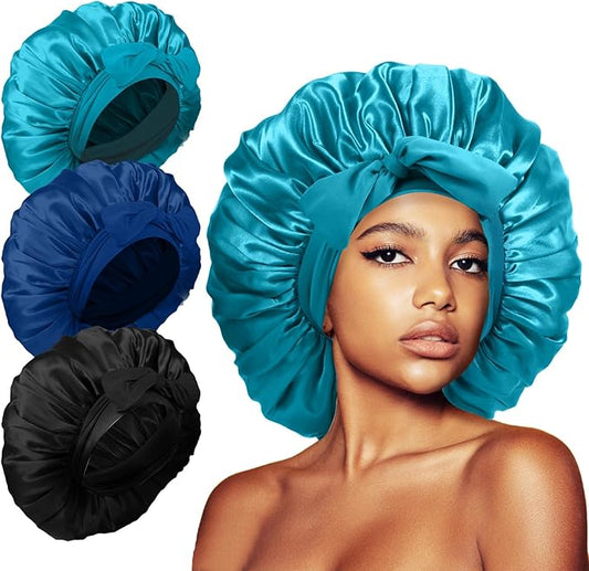 3Pcs Bonnets for Sleeping, Extra Satin Silk Bonnet for Sleeping Women with Tie Band for Curly Hair Jumbo Bonnet Braids