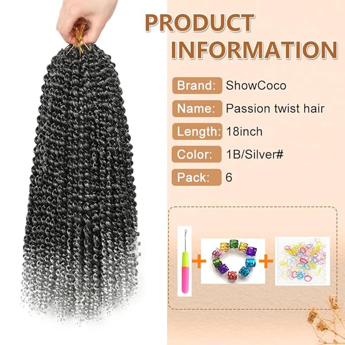 Passion Twist Hair 18 Inch Water Wave Passion Twist Crochet Hair Synthetic Braids for 6 Packs Passion Twist Crochet Braiding Hair Goddess Locs Long Bohemian Locs Hair (18 Inch, #1B/Silver)