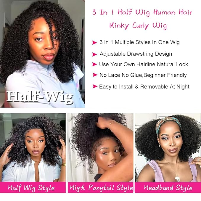 250% Density Kinky Curly Half Wig Human Hair 3 In 1 Seamless Flip Over Glueless Wigs Human Hair With Drawstring Beginner Friendly Headband Wig Wear and Go Wig Human Hair Afro Wig 20inch