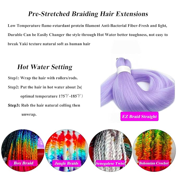 kids Light Purple Braiding Hair Pre Stretched Long Purple Hair for Braiding, Lavender Braiding hair Extensions for Stage Party Halloween Costume Cosplay Crochet Braids Non Toxic Braiding Hair 26 inch