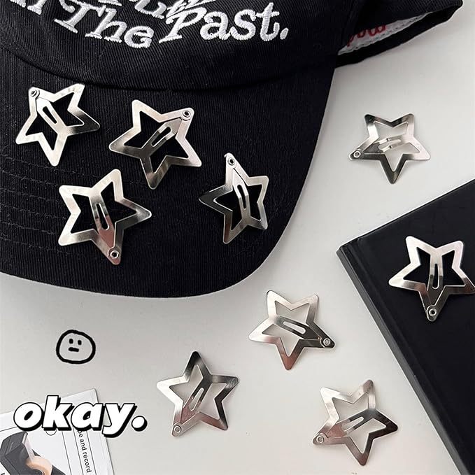 Star Hair Clips 2000s Y2K Snap Hair Barrettes Non Slip Star Hair Accessories Silver Metal Hair Clips for Girls Women -15 PCS 1.57"