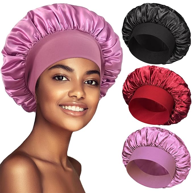 3 Pack Satin Bonnet Silk Hair Bonnet for Sleeping, Sleep Bonnets for Women Large Wide Soft Band Sleep Cap for Curly Hair Braids