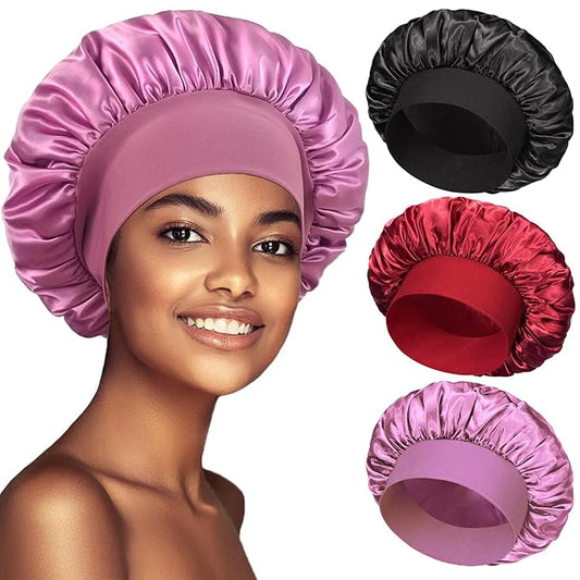 3 Pack Satin Bonnet Silk Hair Bonnet for Sleeping, Sleep Bonnets for Women Large Wide Soft Band Sleep Cap for Curly Hair Braids