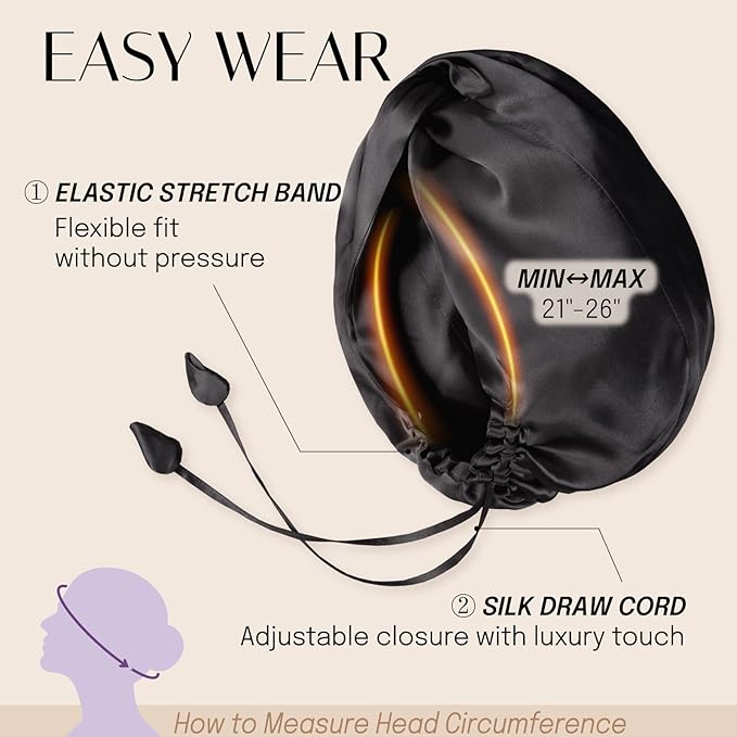 OLESILK Silk Bonnet for Sleeping Women: 100% Mulberry 22 Momme Silk, Adjustable Fit for Night Hair Care, No Frizz for Curls, Black