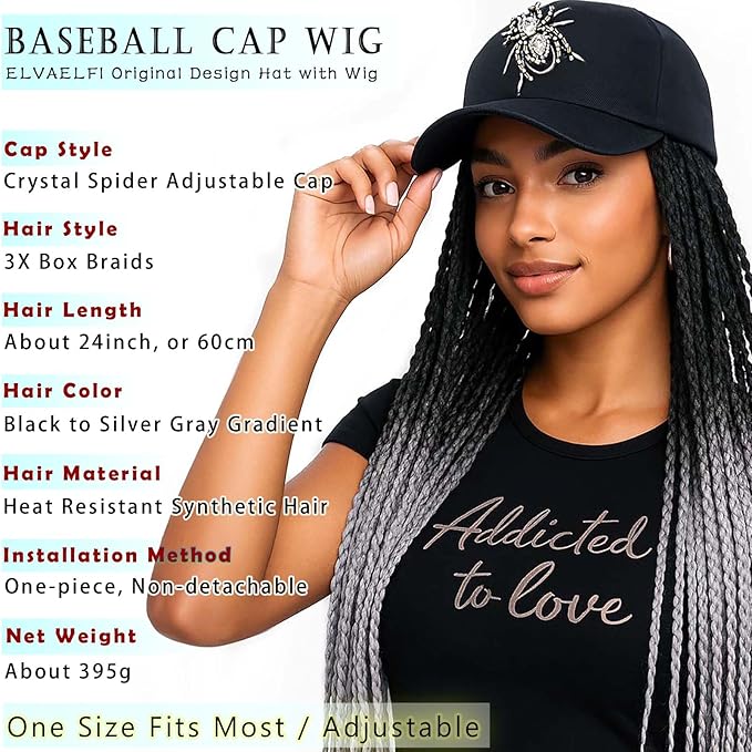 Baseball Cap Wig 24-Inch Crochet Box Braids, Ombre Silver Grey Wig 3x Braids, Hat with Hair Attached for Women