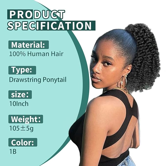Ponytail Extension Human Hair Curly Ponytail Extension for Black Women Short Afro Puffs Hair Buns Drawstring Ponytail Human Hair (10 Inch #1B Natural Black)