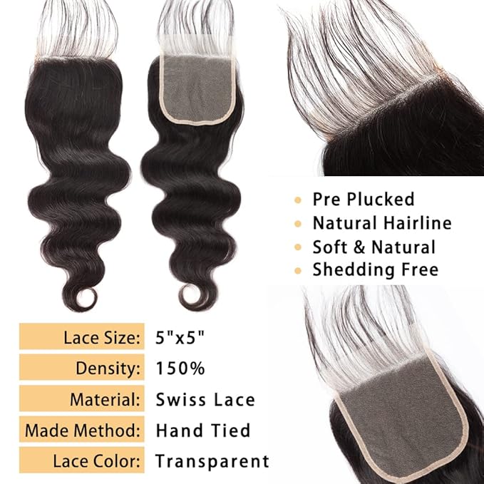 12A Body Wave 3 Bundles with 5×5 HD Lace Closure (16 18 20+14") 100% Unprocessed Brazilian Virgin Body Wave Human Hair Weave Bundles with Closure Natural Color