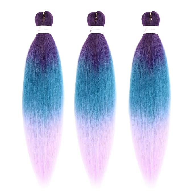 Dorsanee 3 Tone Braiding Hair Pre Stretched 24 Inch 3 Packs Braiding Hair Extensions for Box Braids Twists Locs Hair Soft Yaki Texture Hot Water Setting (#Purple/Lake Blue/Light Purple)