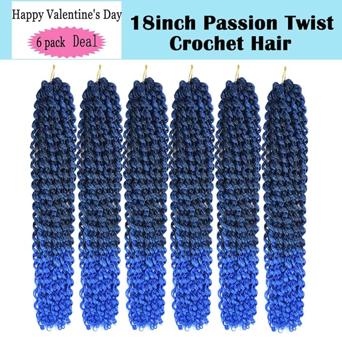 6 Packs Passion Twists Hair 18inch Ombre Blue Water Wave Crochet Hair for Butterfly Soft Locs Synthetic Crochet Hair Passion Twist Long Bohemian Locs Braiding Hair Extensions (18" 6packs Tblue#)