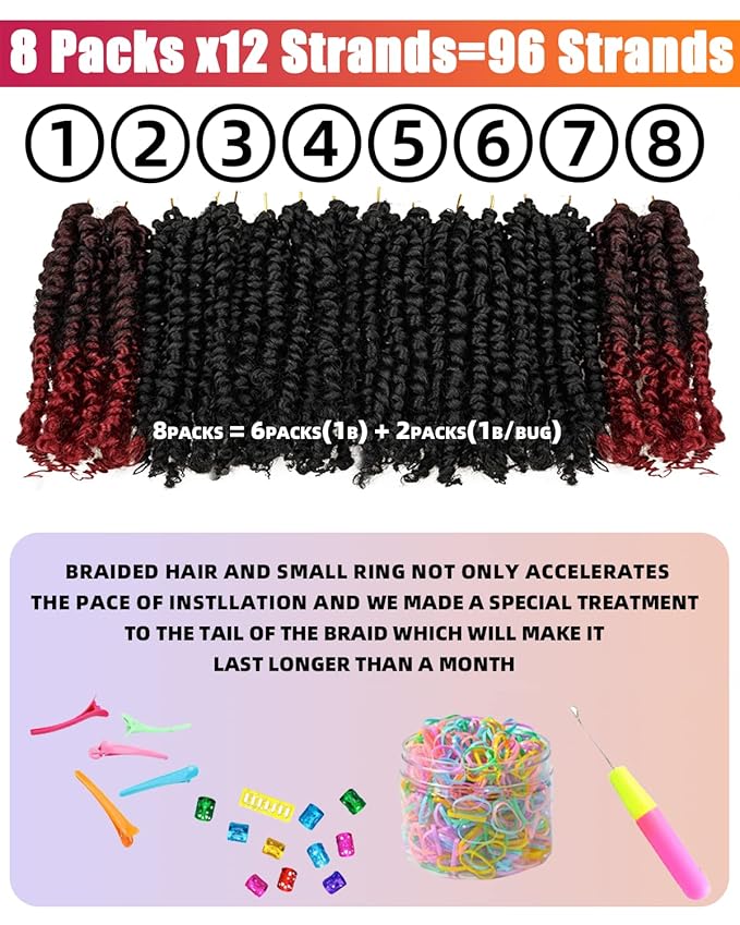 Passion Twist Crochet Hair-Mixed Color Combo Pack(6 packs 1B+2 packs T1B/BUG),Pre-twisted Pre Looped Super Soft & Bouncy Synthetic Braided Hair Extensions For Black Women and Kid(6"-8 Packs,1B+TBUG)