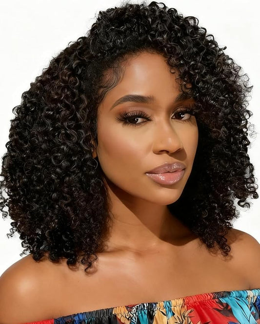 BEEOS Human Hair Half Wig Kinky Curly, 3 In 1 Glueless Drawstring Half Wigs for Women 180% Density, Tight Curl Seamless Blend with 3C/4A Hair 16 Inch