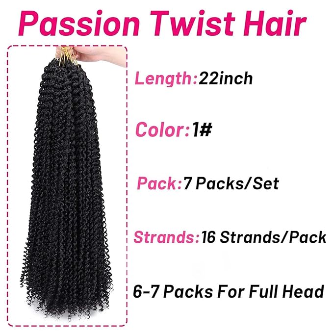Dorsanee Black Passion Twist Hair 22 Inch 7 Packs Water Wave Crochet Hair Long Bohemian Curly Braiding Hair for Butterfly Locs, Faux Locs, Boho Style Spring Twist Crochet Braids (1#)
