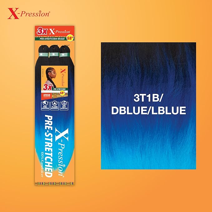 Sensationnel X-pression prestretched braiding hair - 3x braid 58 inch all kanekalon flame retardant synthetic braid for box braids and twists (1 pack, 3T1B/DBLUE/LBLUE)