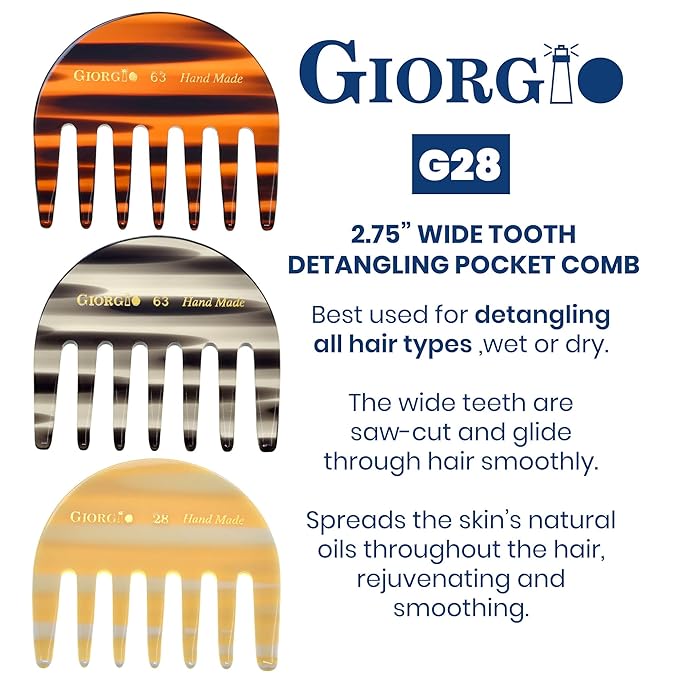 Giorgio G28 Detangling Comb, Pocket and Travel Comb for Thick Hair - Hair Detangler for Wet and Dry Everyday Care. Handmade, Saw-Cut, and Polished