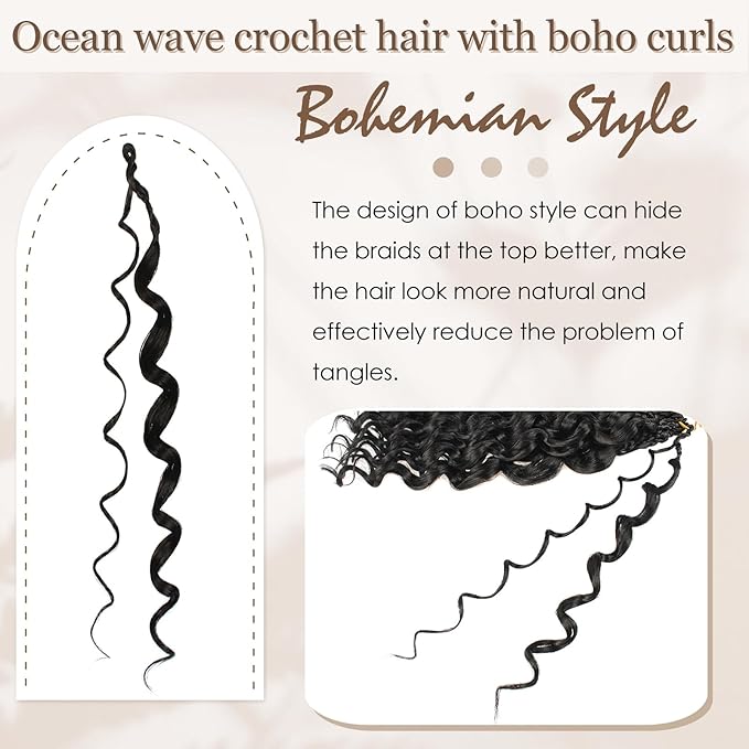 14 Inch 8 Packs Pre Looped Ocean Wave Crochet Hair Boho Ocean Deep Water Wave Beach Curl Braiding Hair Pre Twisted Synthetic Short Wavy Curly Crochet Hair for Women(14inch 1B/4/30)